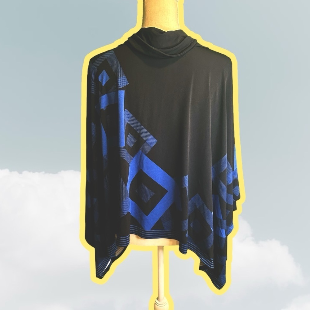 Joseph Ribkoff Navy Blue Geometric Print Jersey Knit Cowl Neck Poncho One Size - Picture 6 of 11